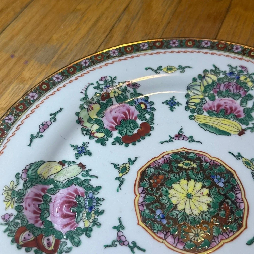 Vintage Hand Painted Chinese Famille Rose Porcelain Plate Gold Rim Floral 10in - Picture 3 of 8